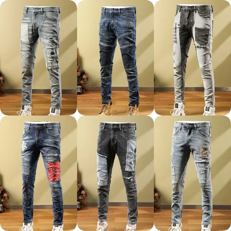 Clássico Slim Men's Jeans Casual Preto Calças Cinza Calças Leggings dos homens Juventude Slim Fit Zipper Calças