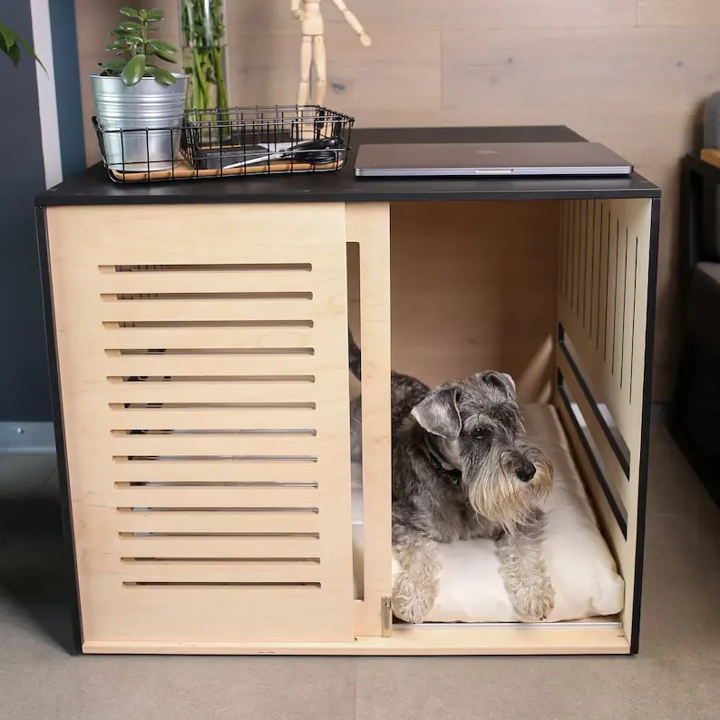 Kandang anjing kayu Modern dengan pintu geser akrilik kandang anjing dengan alas untuk tidur dalam ruangan anjing