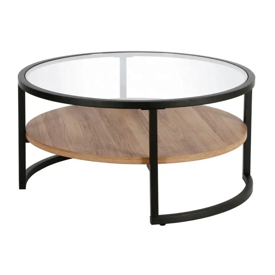 Tavolino da caffè con piano in vetro dal Design moderno con ripiano in legno per soggiorno, hotel e ristoranti al miglior prezzo