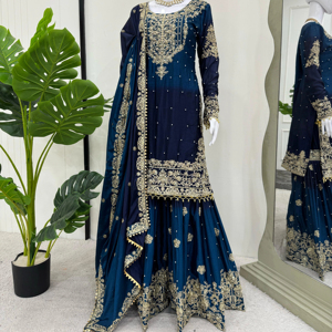 Elegant Same Colour Heavy Chinon Designer Suit Set Featuring Inner Sharara &amp; Dupatta with Intricate <strong>Coding</strong> <strong>Sequence</strong>