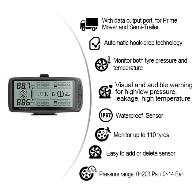 ระบบตรวจวัดแรงดันยางรถบรรทุกยาง TPMS 6 8 10 12 14 24 203Psi สำหรับอุปกรณ์อิเล็กทรอนิกส์ในรถยนต์