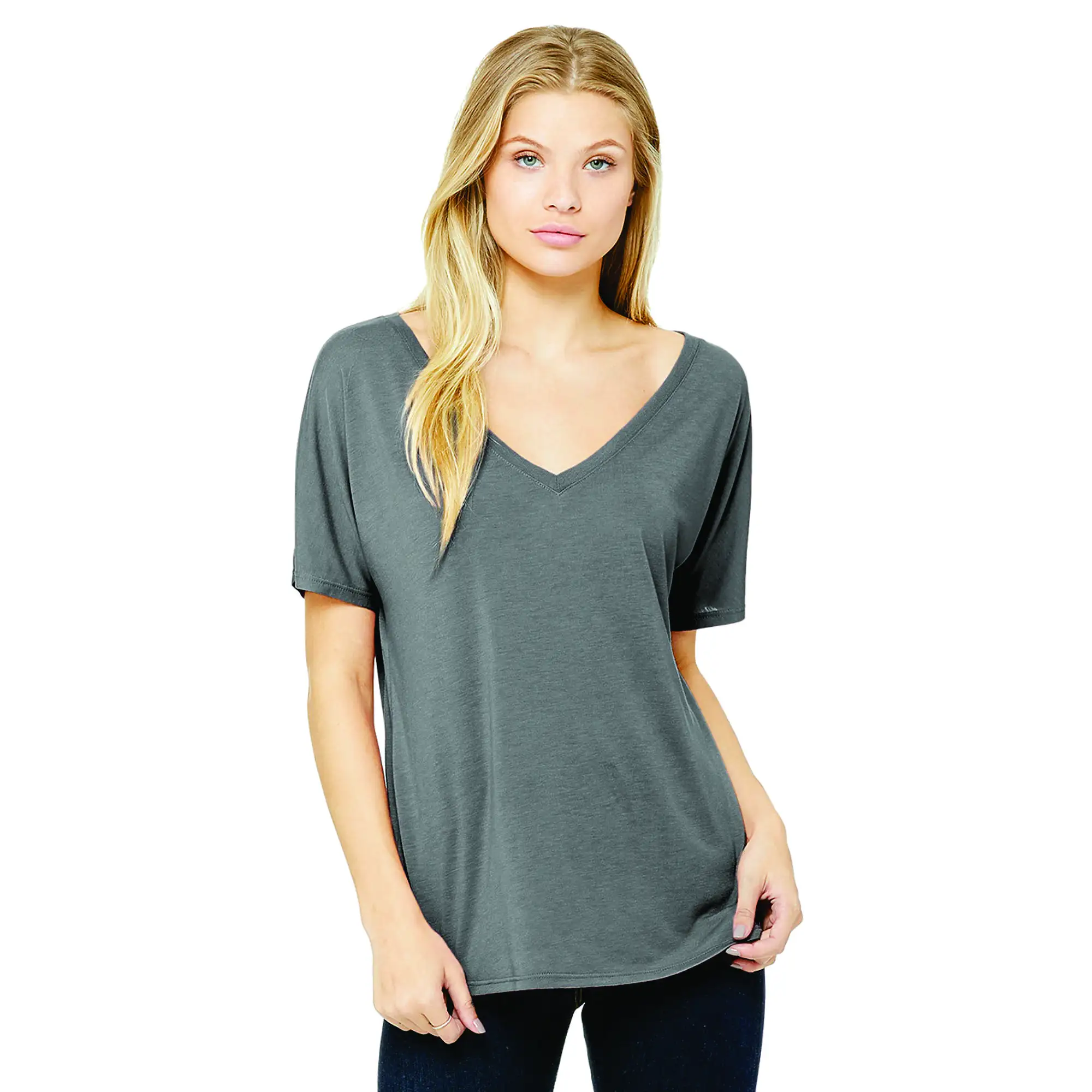 65% Poly 35% Viscose 32 Single 3.7 oz Grey Womens Slouchy V-Neck T-Shirt with Subtle Curved Bottom Cotton