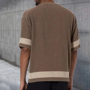 ビンテージパッチワークストライプニットTシャツ男性用夏レジャーOネック半袖ニットTシャツ男性用毎日カジュアル通気性トップス - Product Image 3