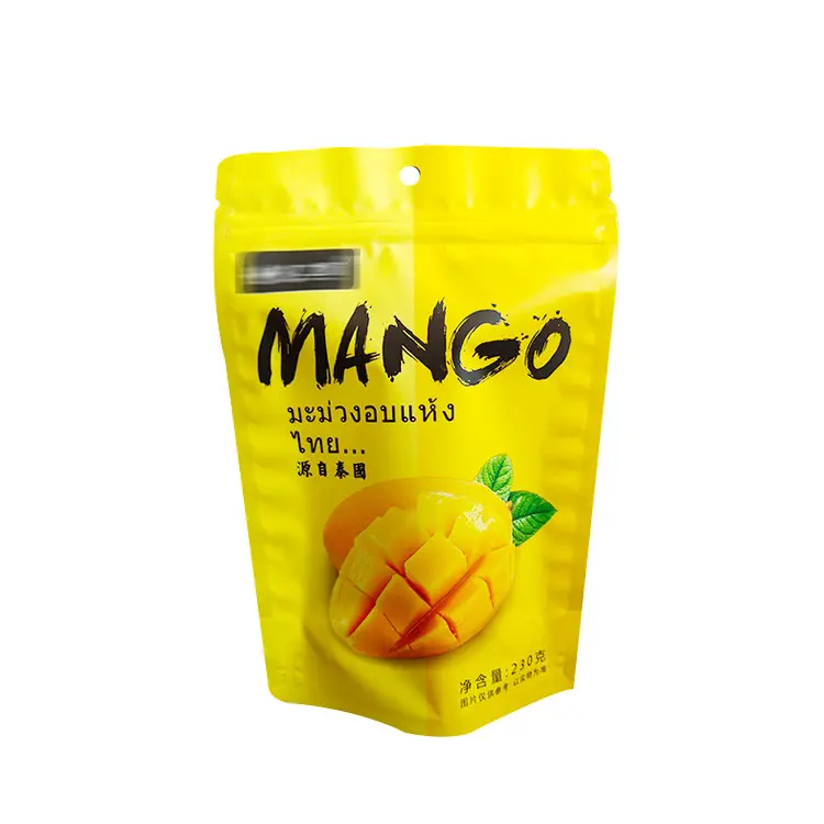 Özel baskılı plastik şeffaf mango kurutulmuş meyve ambalaj kullanımlık kuru gıda Stand Up fermuarlı çantalar