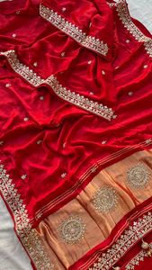Kırmızı Gajji ipek inci kristal iş <span class=keywords><strong>Sari</strong></span> koşu bluz Partywear Pooja Diwali düğün fonksiyonu Sadi <span class=keywords><strong>Sari</strong></span> hindistan Diwali festivali