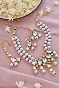 Altın Finish Kundan Polki kolye seti ile kesilmemiş elmas ve inci geleneksel moda takı dahil eşleşen küpe - Product Image 6