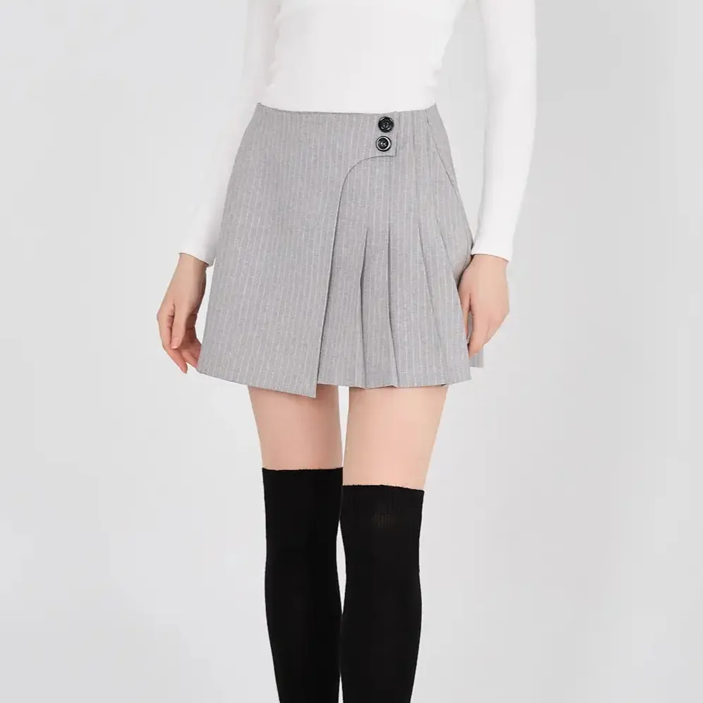 Gray buttoned and pleated mini women's skirt for women mini skirt denim skirt pleated