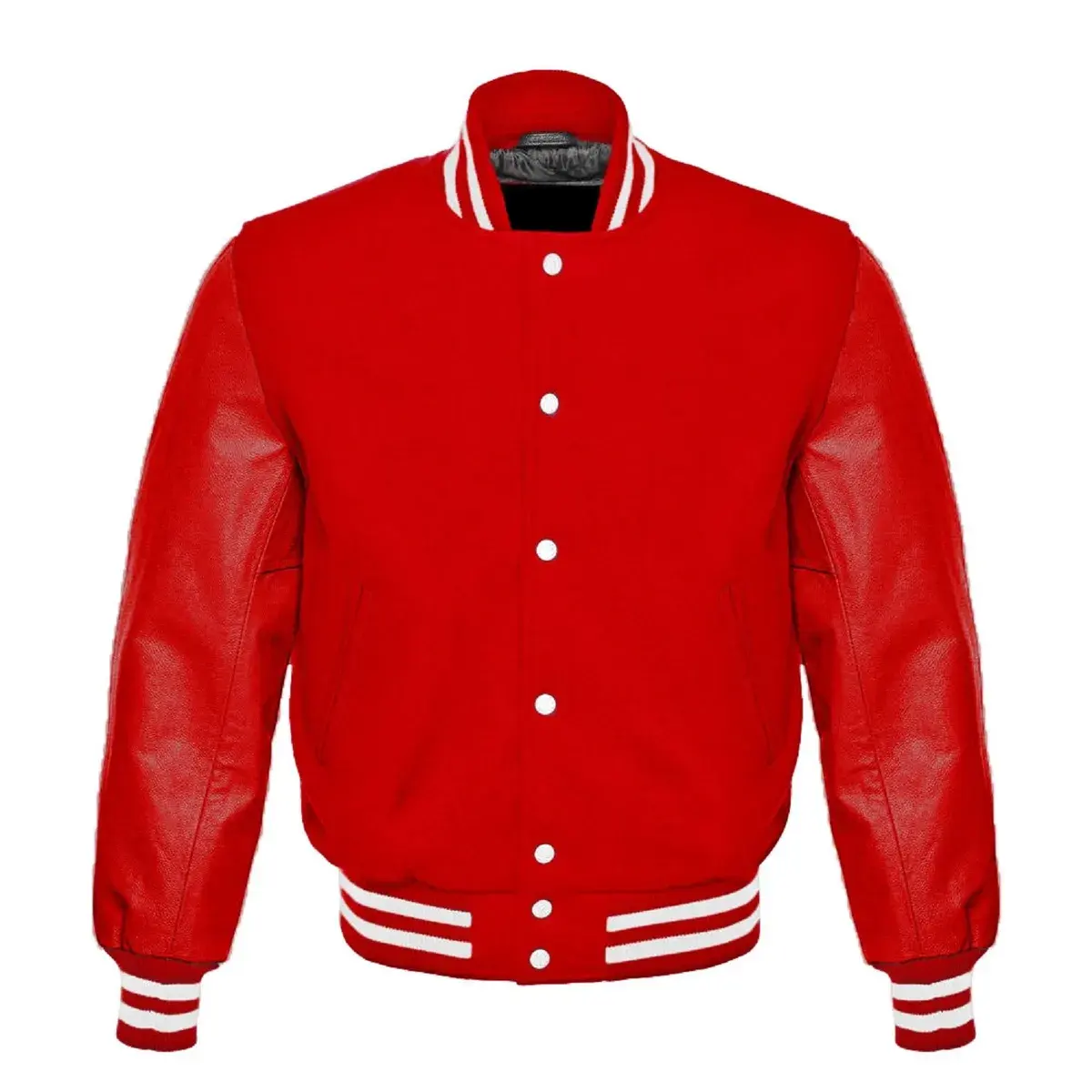 Mode Varsity Jacket Baseball Letterman Bomber Laine et rouge Manches en cuir véritable plaine varisty veste pour hommes