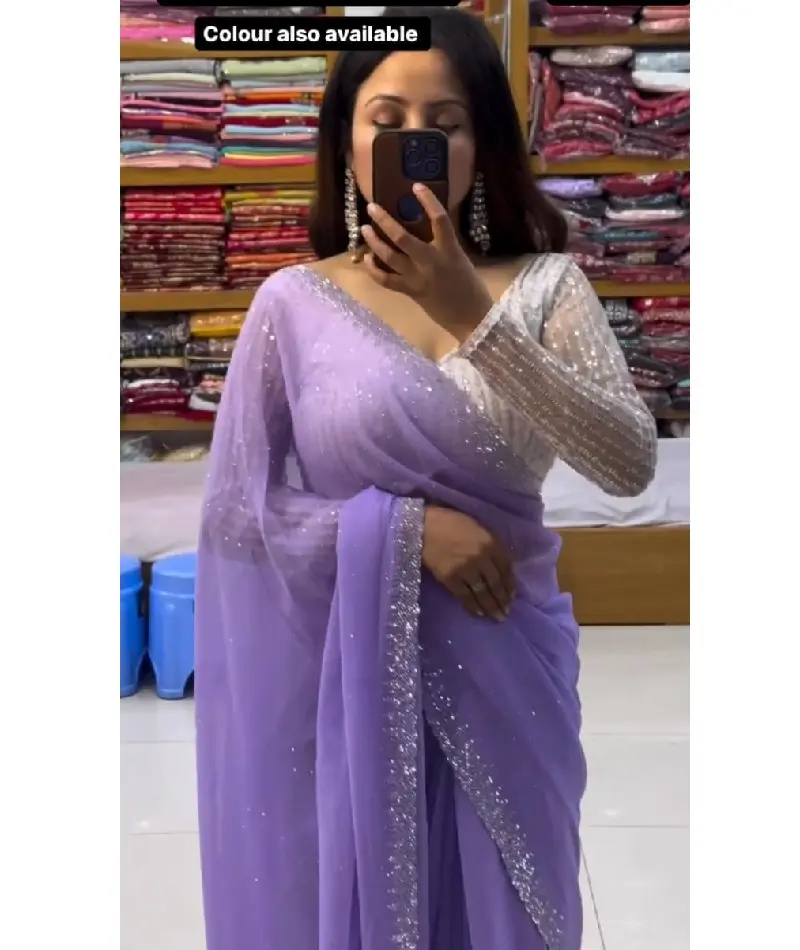 Ropa étnica india Faux Georgette Saree con borde de encaje Seqiemce Saree Ropa DE BODA Diseñador Fancy Party Wear Saree y vestido