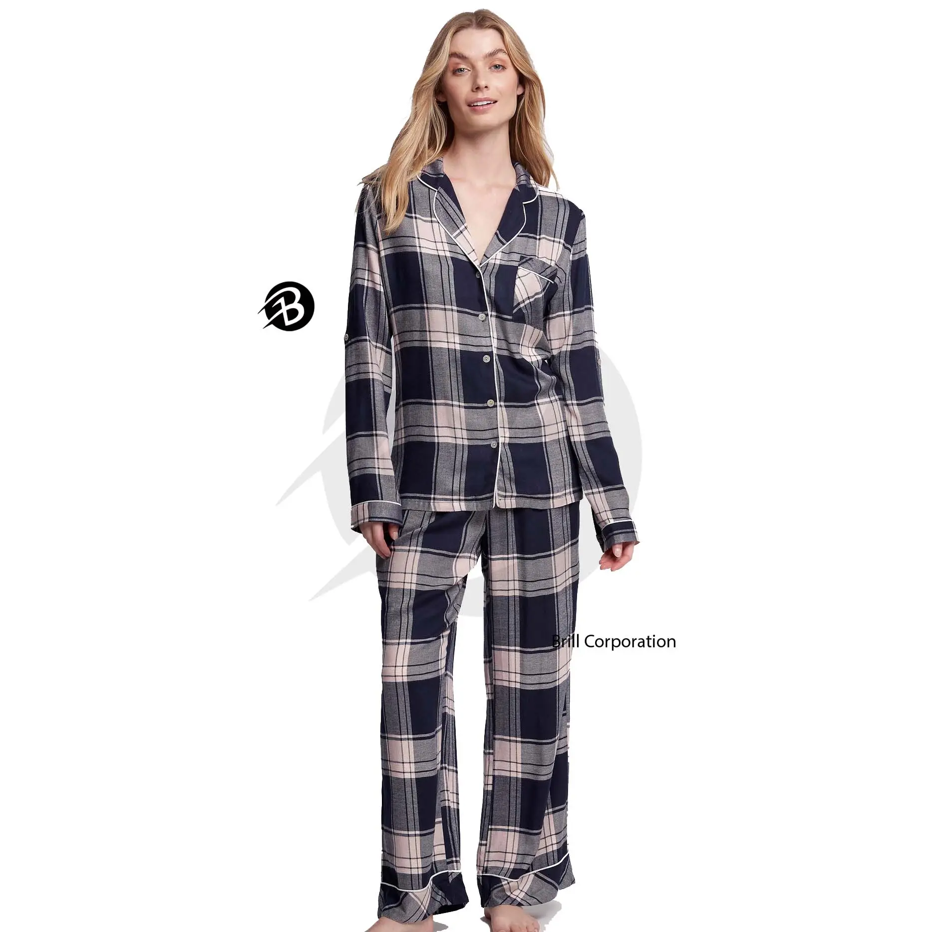 Conjunto de ropa de dormir de franela para mujer \ Camisa de manga larga informal a cuadros de franela de algodón y conjunto de dos piezas de franela con cordón para mujer