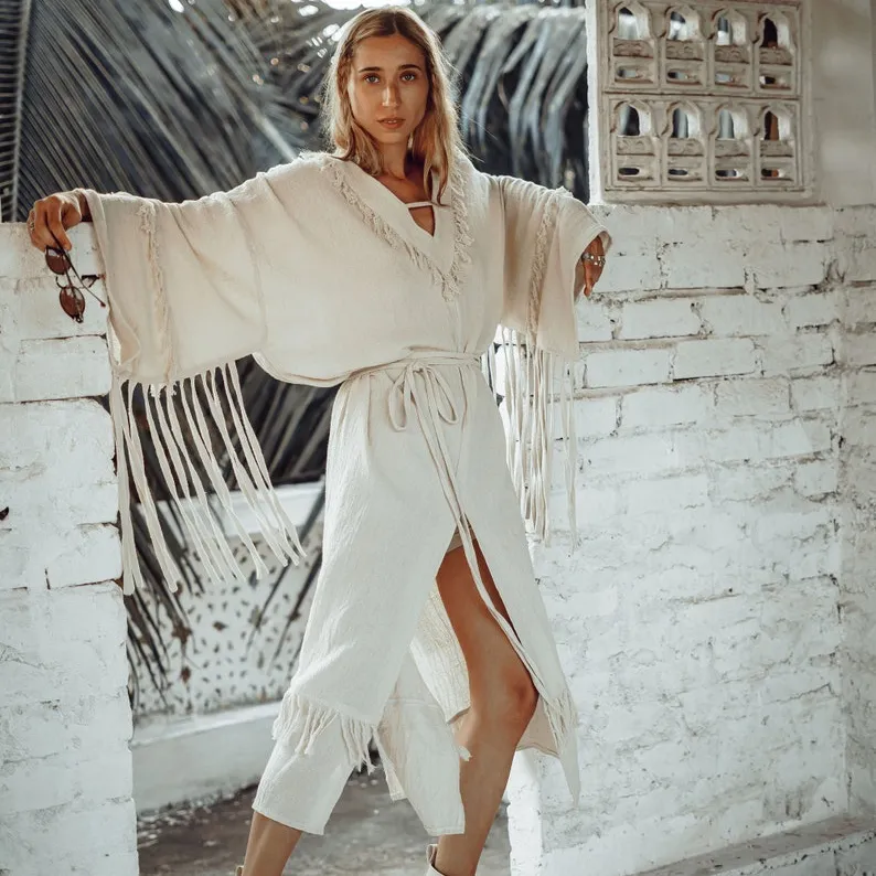 Vestido de diosa Blanca con flecos para boda, vestido de caftán gitano, talla única, espalda abierta, vestido de Festival para mujer hermosa, señora y Niña