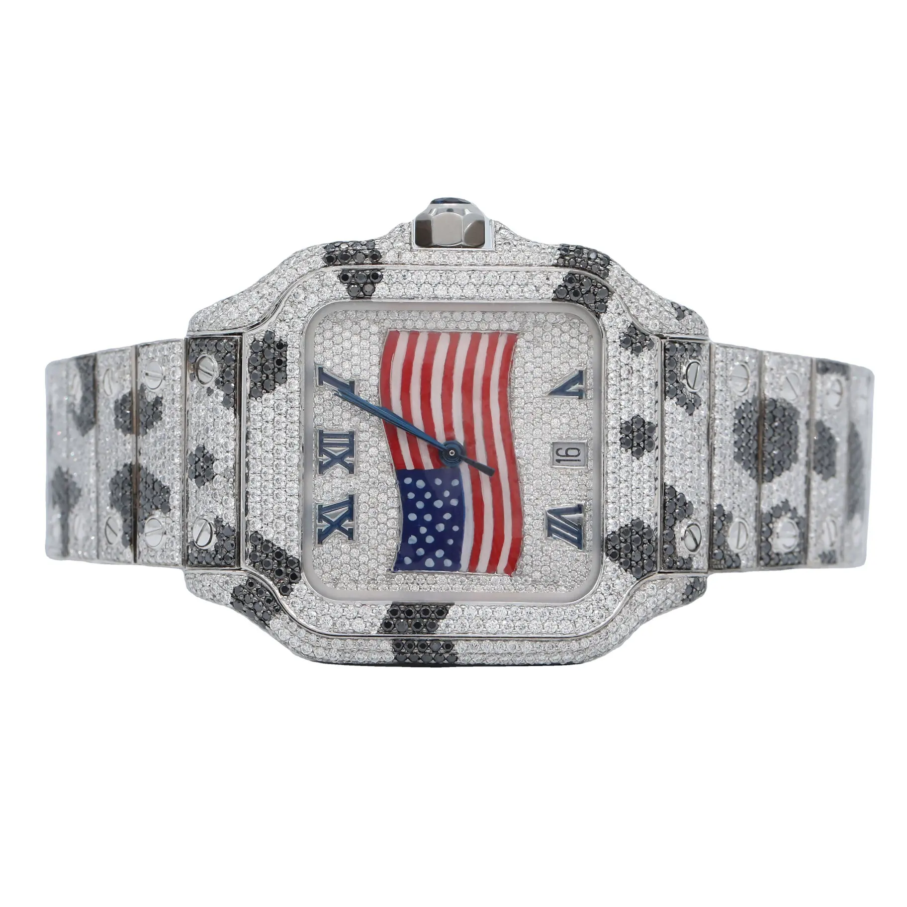 Edición limitada Bicolor Moissanite Diamond Zebra Print Hip Hop Icy Watch con esfera de bandera de EE. UU. Con para hombres