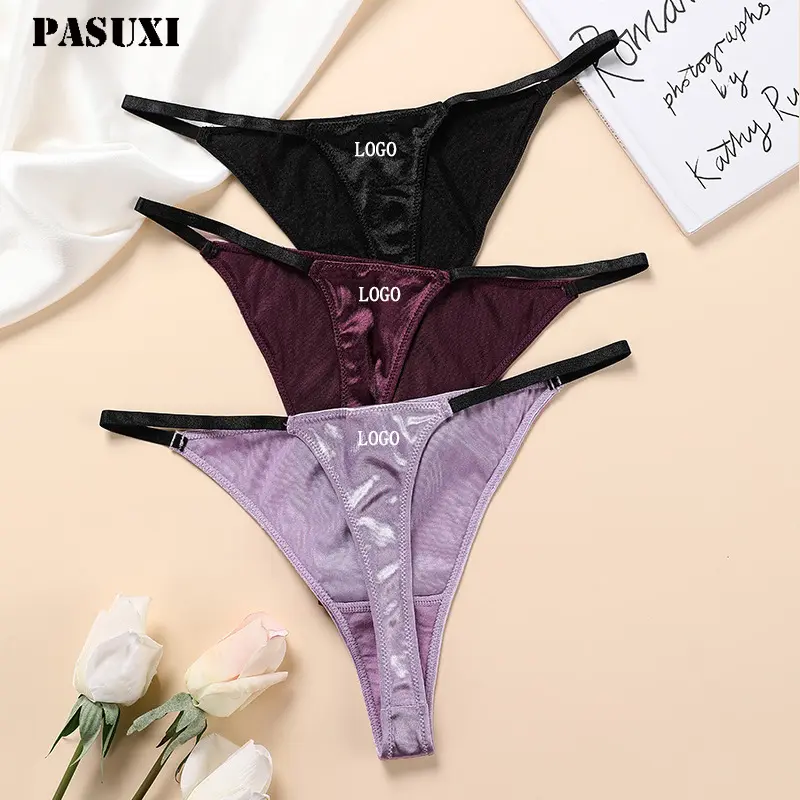 PASUXI-Tanga de seda personalizada para mujer, ropa interior transpirable invisible, corte láser, negro, bragas sexis