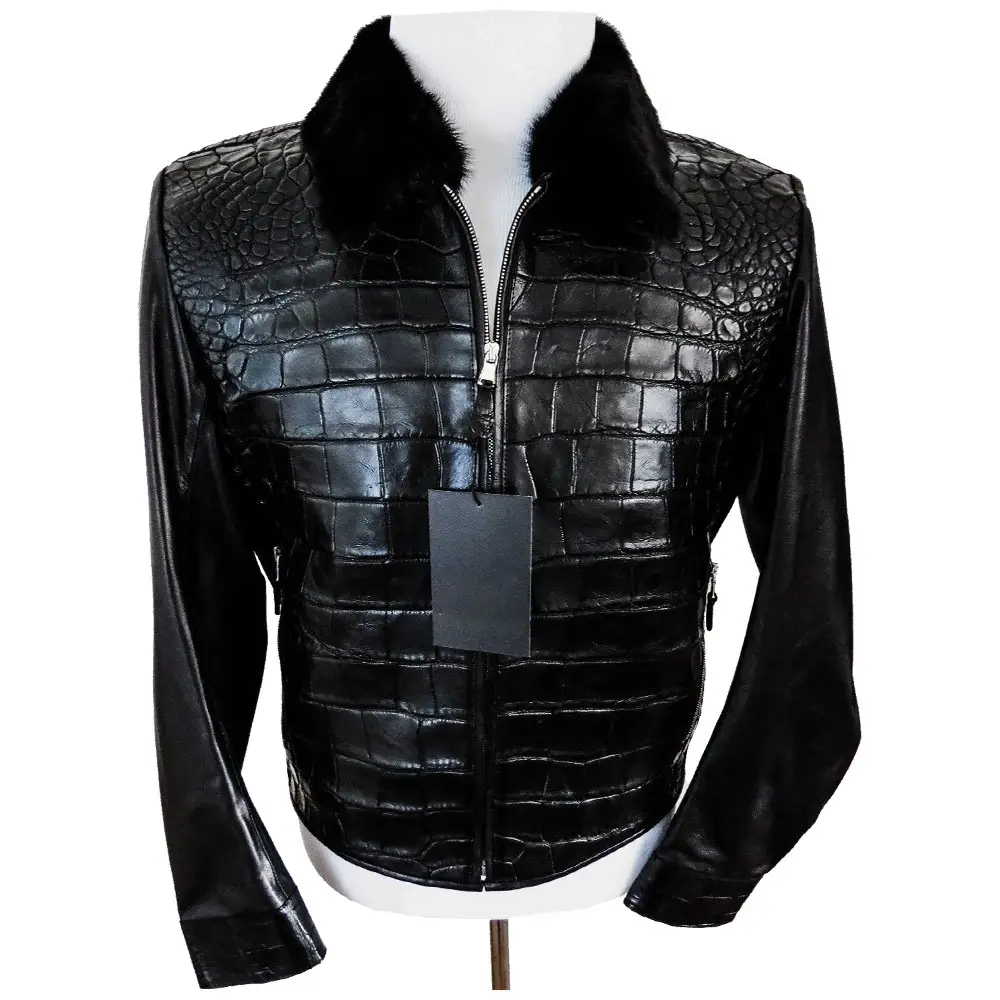 Motorcycle Leather Coat Men's biker Jacket with fox fur collar Autumn New Crocodile aligattor snake embossed leather jacket