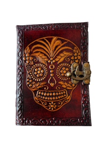 Handmade Soft Genuine Leather Day of the Dead Skull Embossed Design <strong>Notebook</strong> <strong>With</strong> Brown &amp; Yellow <strong>Color</strong> Journal Writing <strong>Note</strong> Book - Product Image 2