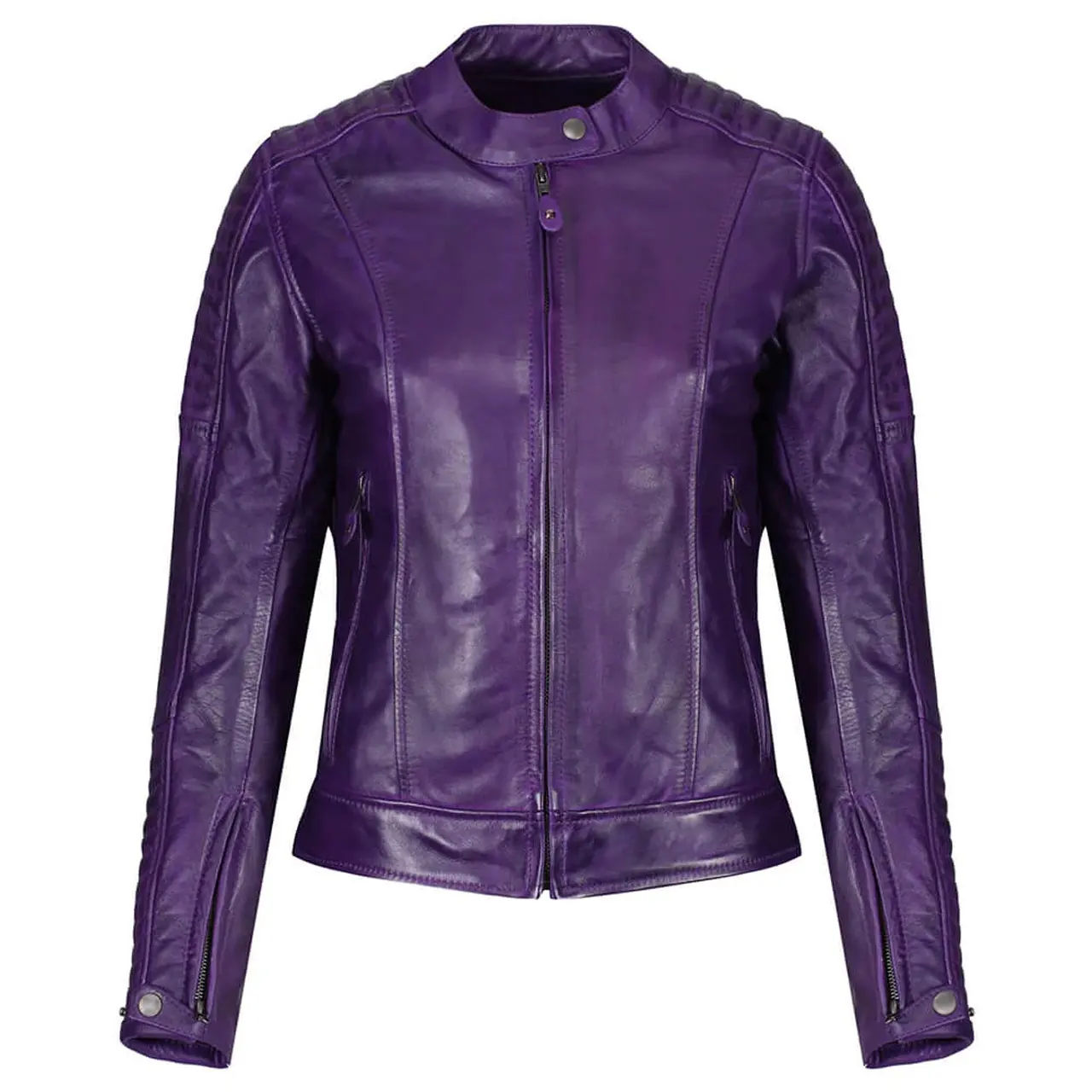 Jaqueta de couro de moto feminina mais popular com zíperes nas costas, jaqueta feminina de beleza em cores