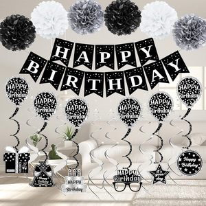 Siyah beyaz doğum günü süslemeleri mutlu yıllar Banner kanat ponponlar asılı girdap Swirl 21st 30th doğum günü partisi malzemeleri için Set - Product Image 5