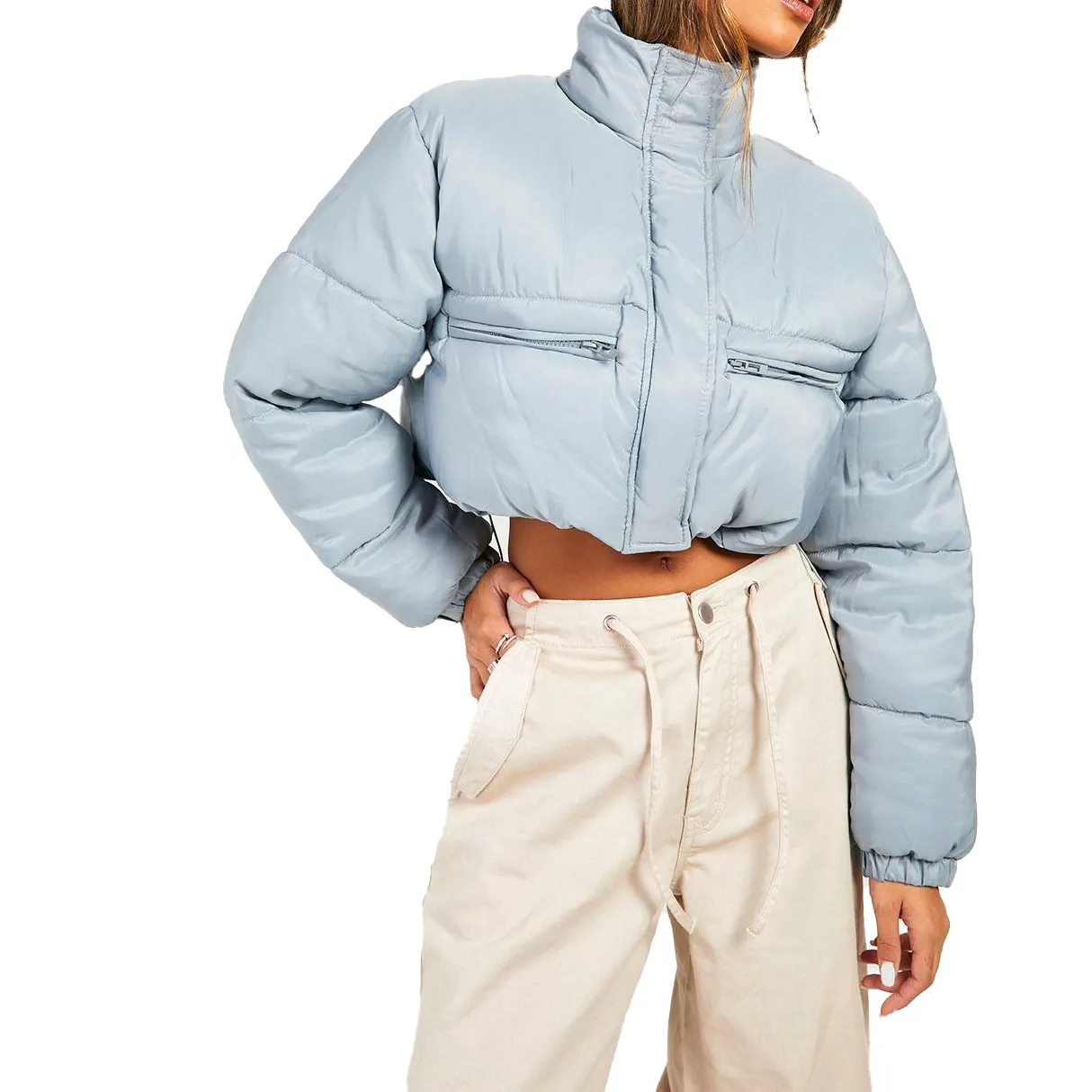 Neueste Design Winter Frauen kurze gepolsterte Jacke Stehkragen Crop Jacken für Mädchen Warm Bubble Coat benutzer definierte Print Puffer Jacke