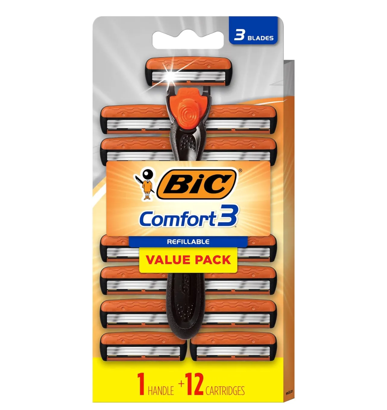 Best Shaving BIC Comfort 3 Maquinillas de afeitar desechables recargables para hombres, 1 MANGO y 12 cartuchos con 3 cuchillas, kit de maquinilla de afeitar de 13 piezas