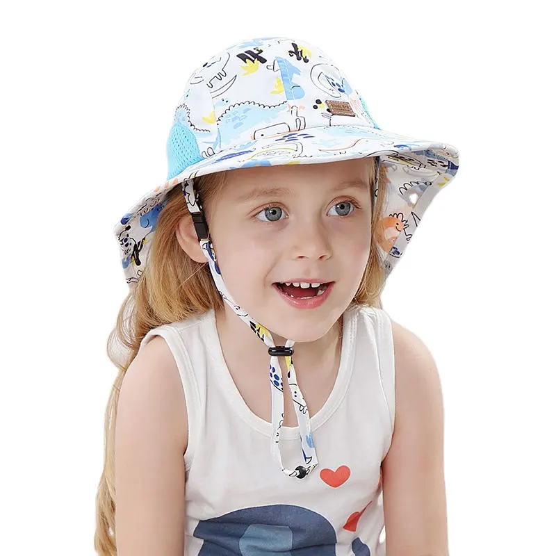 قبعة بتصميم دلو للأطفال لطيفة كبيرة وواسعة الحافة مع غطاء رقبة وشاح للشمس غطاء حماية من أشعة الشمس فوق البنفسجية للأطفال قبعة شمس بشعار مخصص