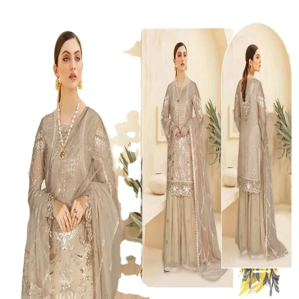 Robes 3 pièces en mousseline de soie de luxe vêtements indiens et pakistanais de haute qualité dernière collection en gros par Ramsha volume Kashish