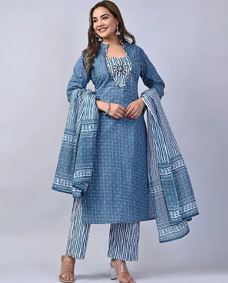Designer blue punjabi suit Georgette patiala Heavy Pure Dal Satin With Embroidery 100% cotton fabric hand block printed