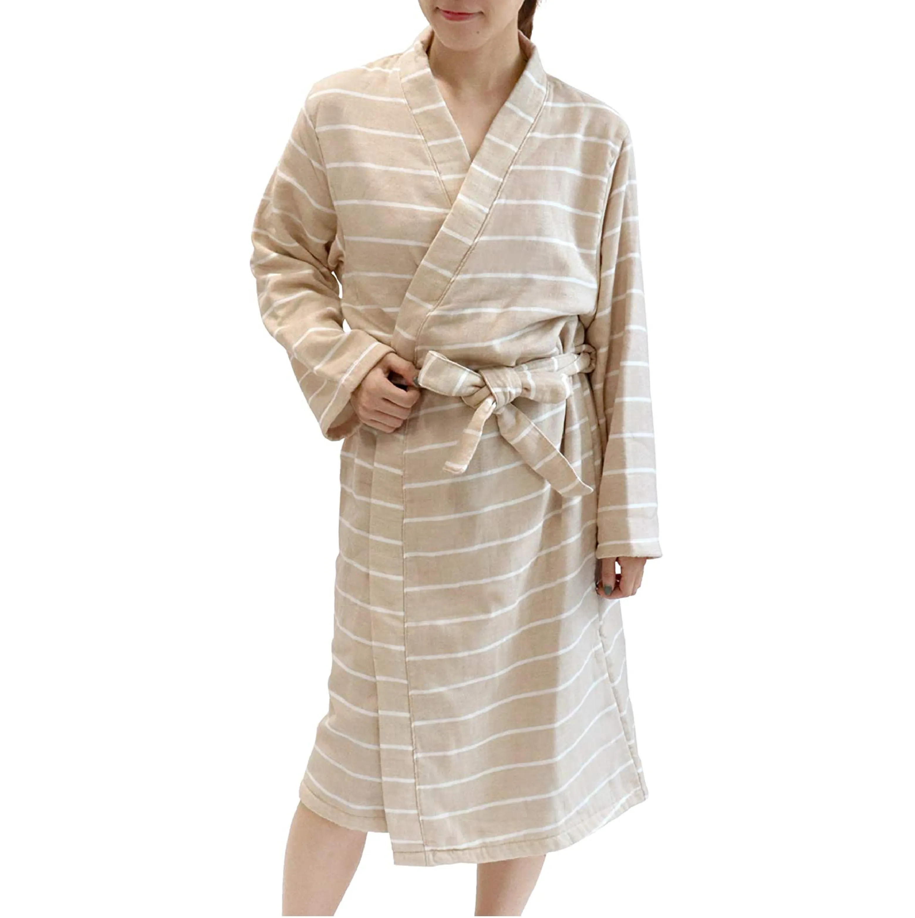 [Großhandels produkte] HIORIE Baumwolle 100% Streifen Gaze Handtuch Bademantel Damen Nachtwäsche Kimono Pyjama Lounge made in Japan Beige