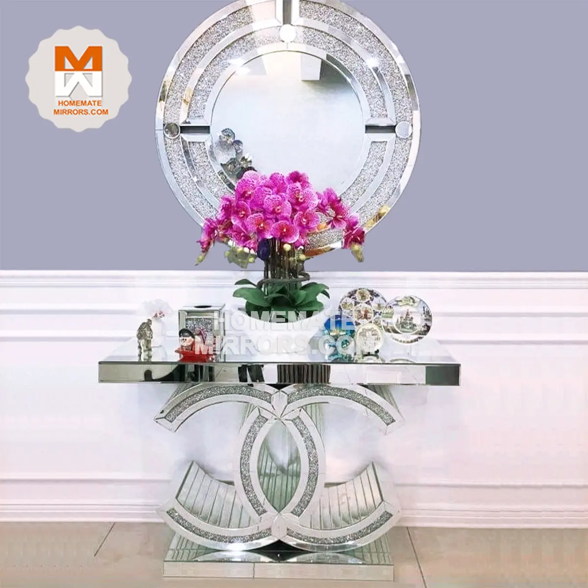 Table console miroir en verre CC diamant écrasé à chaud avec miroir mural éclairage LED pour entrée de salon couloir