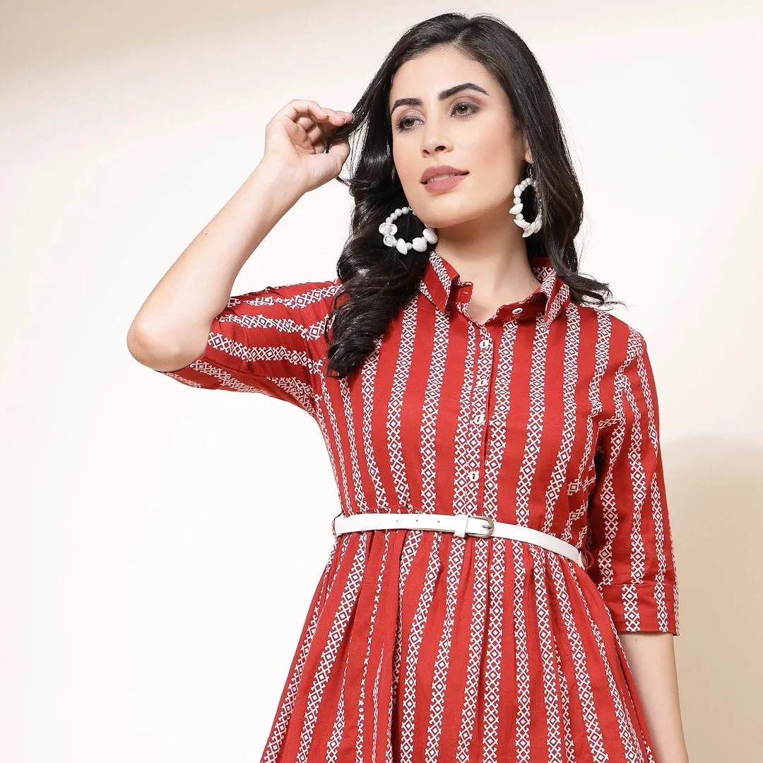 Indian Summer Collection Women Cotton Fabric Red Color White Striped Printed Frock Style Kurti Attractive And Beautiful dress