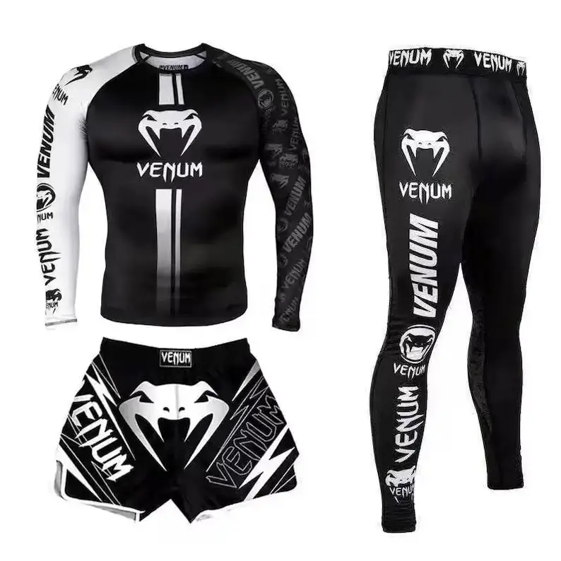 Jiu Jitsu Rashguard MMA T-Shirt +Hose für Herren 3 Stück / Set brasilianisches Greifen Bjj Boxen Rash Guard Sportbekleidung Fitnessstudio-Shorts