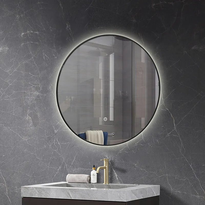 Bingkai hitam ultra-tipis cermin LED bulat tukang cukur dan cermin rias dengan fitur bercahaya desain Eropa
