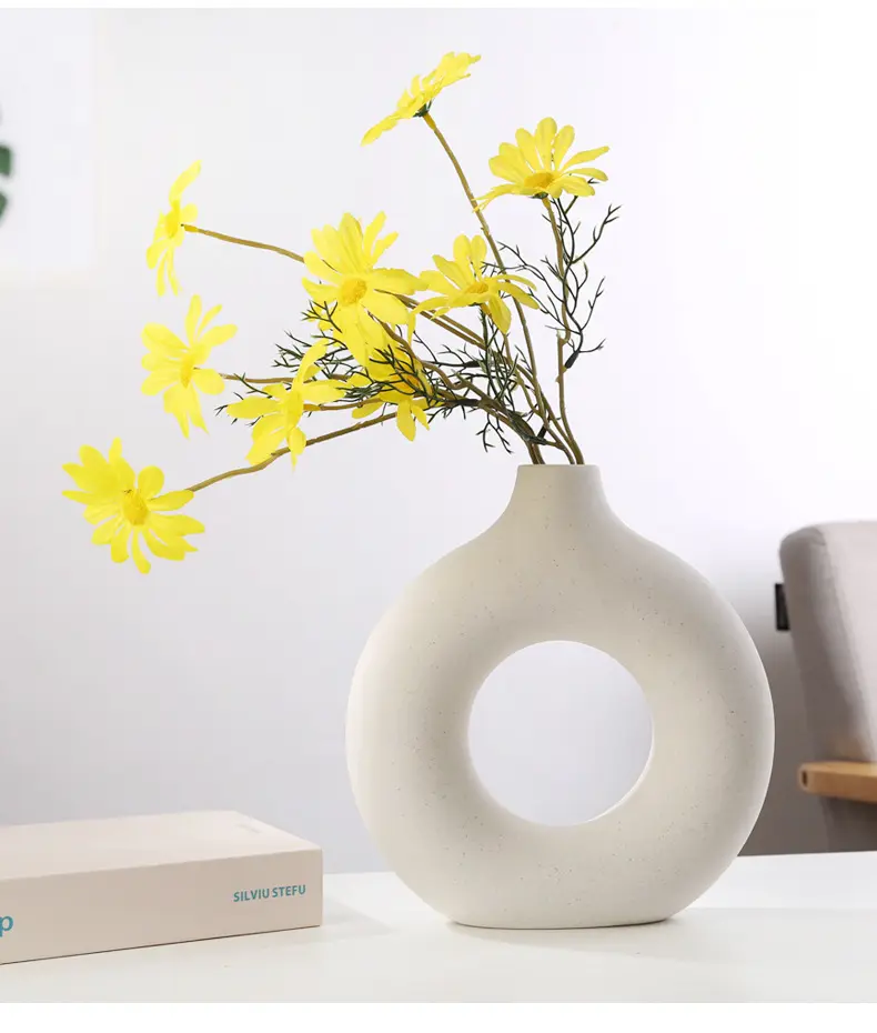 Modern minimalista flor vaso decoração home Circular Oco Branco Preto Rústico Modern Ceramic Vase Anel Redondo Donut Vase