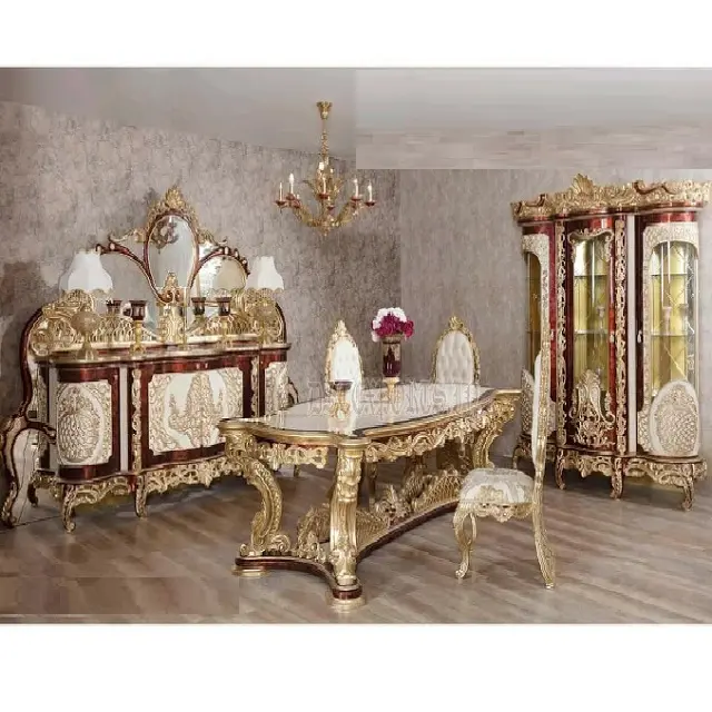 Muebles tallados a mano para comedor, juego de mesa de comedor estilo barroco estilo victoriano de lujo con aspecto francés
