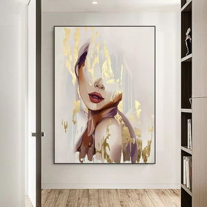 100% 手描きの抽象的な女性の壁アートポスターゴールデンポートレートキャンバステクスチャ絵画家の装飾 - Product Image 3