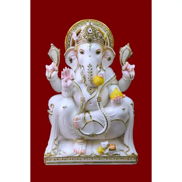 白い大理石カラフルな主ガネーシャ家の装飾のための彫刻に座っているインドの神大理石ガネーシャ神の像最高の価格で