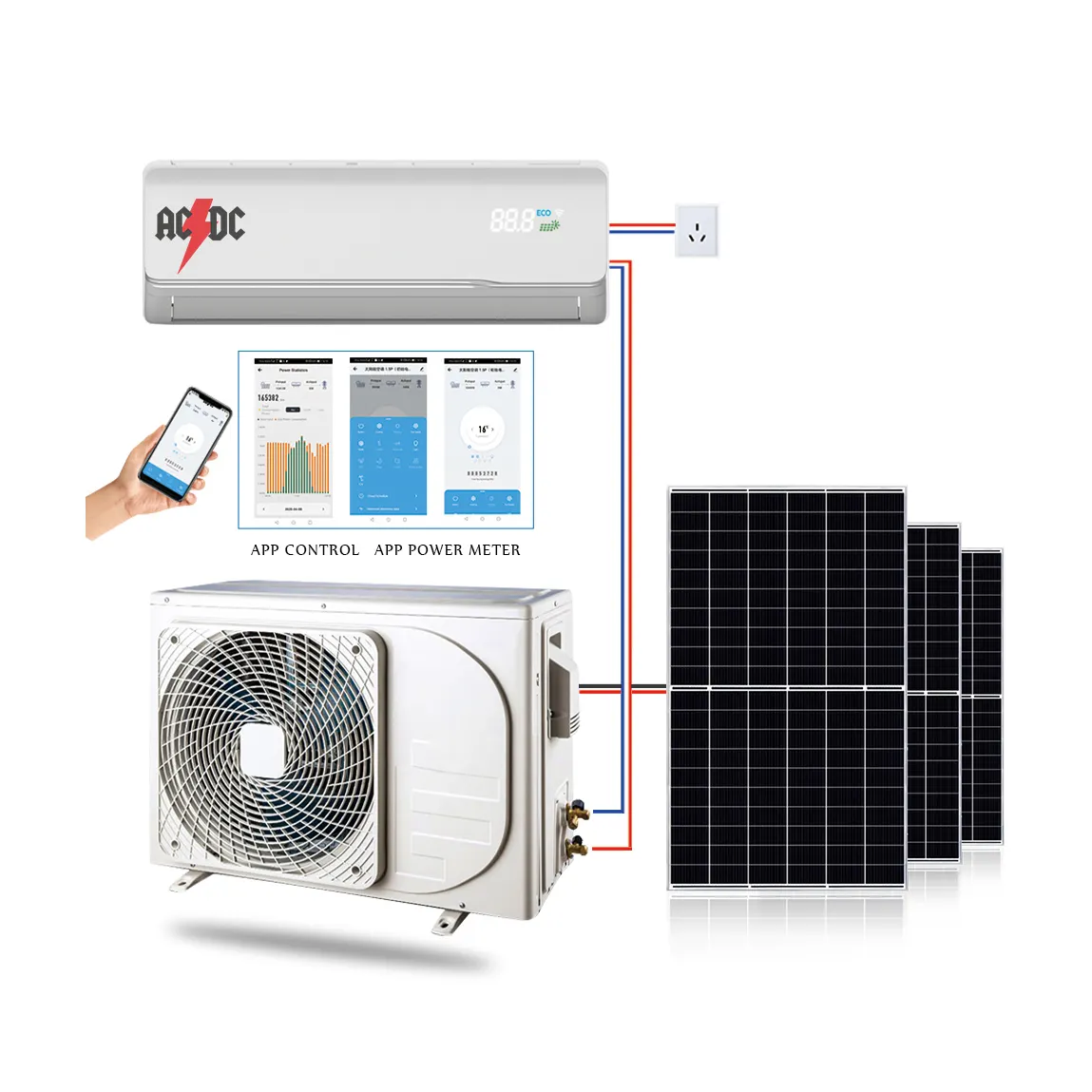 Juego completo 18000Btu ACDC Hybrid Solar Powered Air Conditioner Deye 18000 BTU Solar Air Conditioner DGWA1-ACDCBLW-18K