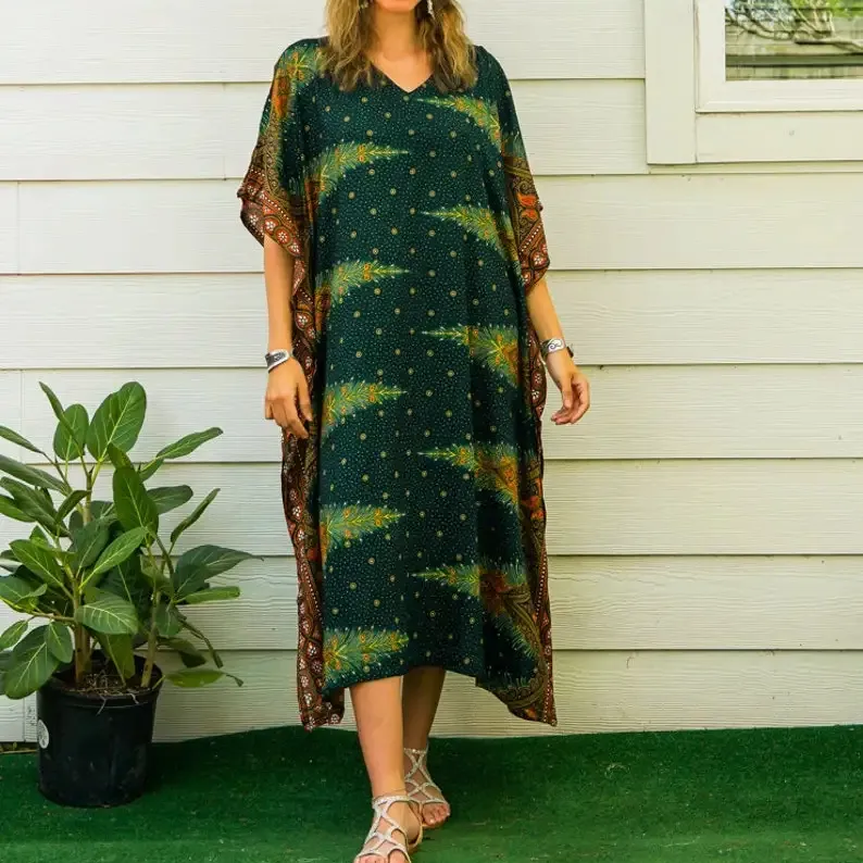 Ropa de mujer Bohemia fabrica Tie Dye Kaftan algodón ajuste holgado desgaste Maxi vestido escote en V bastante largo Kaftan traje de baño OEM a granel