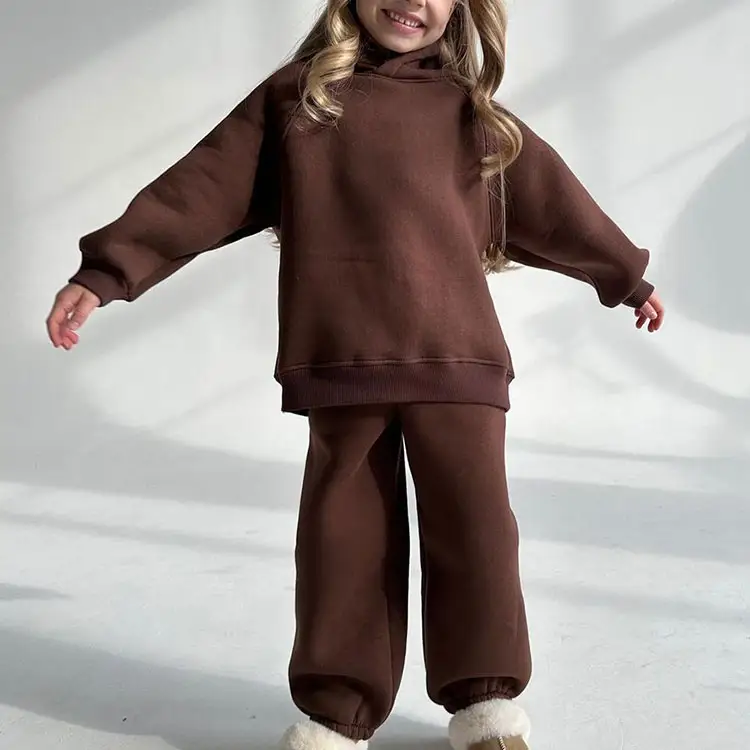 Conjuntos de roupas infantis de lã de salão de inverno para meninas, moletom com capuz e jogger de 2 peças com logotipo personalizado