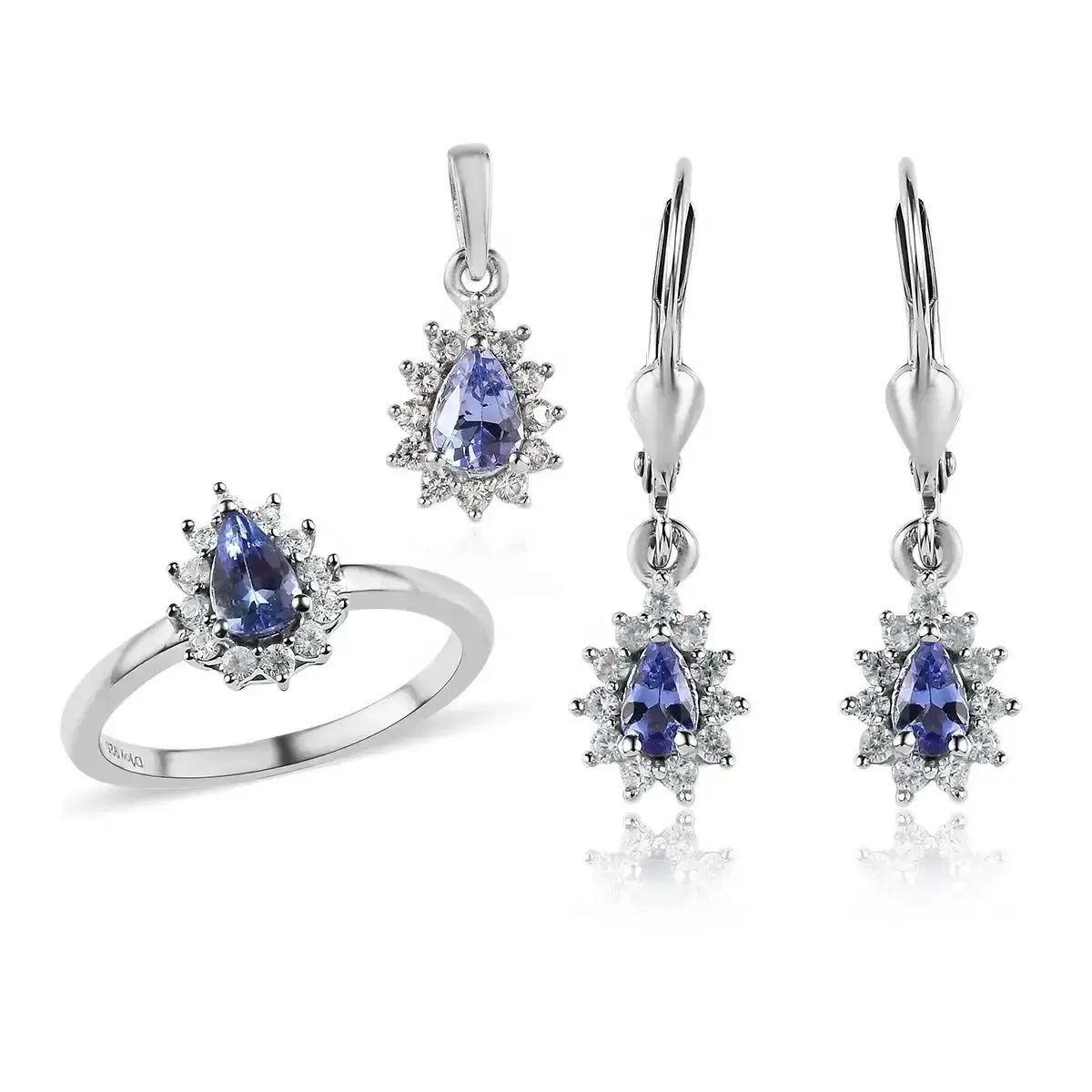 Tanzanite blanc Zircon ensemble de bijoux boucles d'oreilles Sunburst bague et pendentif platine sur argent Sterling ensemble de bijoux en gros