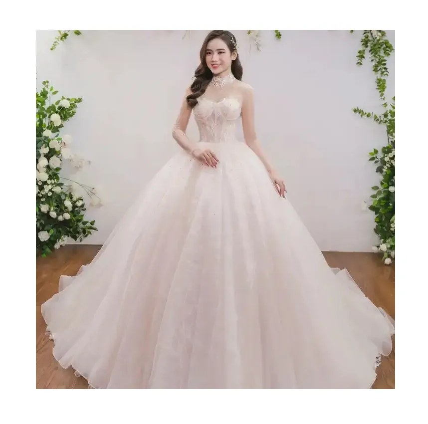OEM produsen gaun pernikahan berkualitas tinggi grosir gaun pesta desain bunga renda ekor panjang menambahkan manik-manik oleh buatan tangan TNBPno06