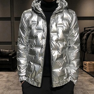 男士休闲厚外套时尚派克夹克带兜帽长防风黄色闪亮外套 - Product Image 1