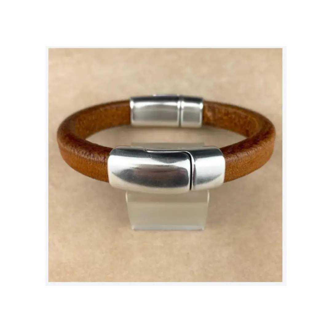 Unisex Distressed Tobacco color Leather Cobo Bracelet with Double Antique Silver Magnetic Clasps Best Price for Gift Giving