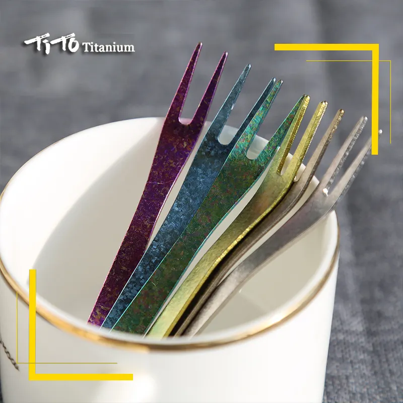 Tenedores de titanio TITO para mini Tenedor de fruta, revestimiento de tarro, tenedores de fruta chapados en diferentes colores