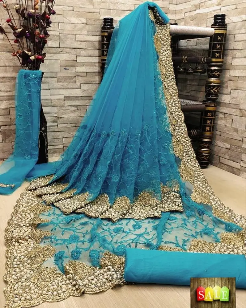 Ropa de fiesta de diseñador bordada, Red de seda, diseño de flores, ropa de mujer india, color azul cielo, saree, con blusa, pieza, trabajo de perla