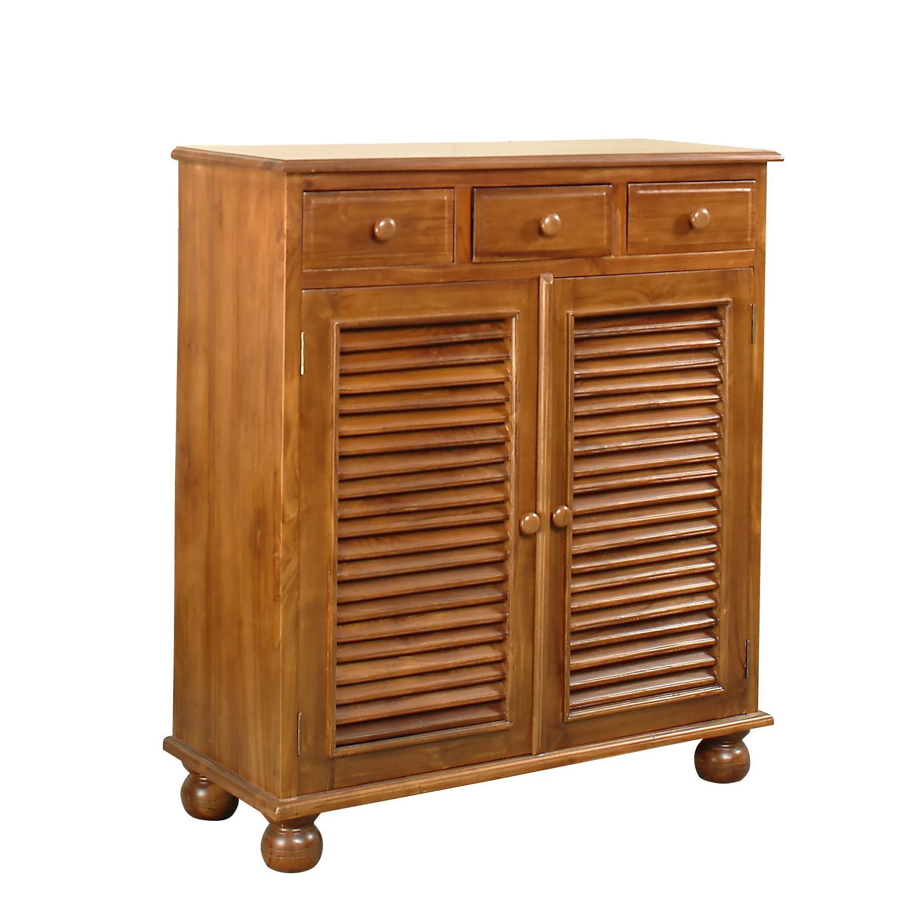 Classy Graceful Teak Shoe Cabinet with 3 Drawers, 2 Doors and Round Feet for Entryway, Hallway and Living Room