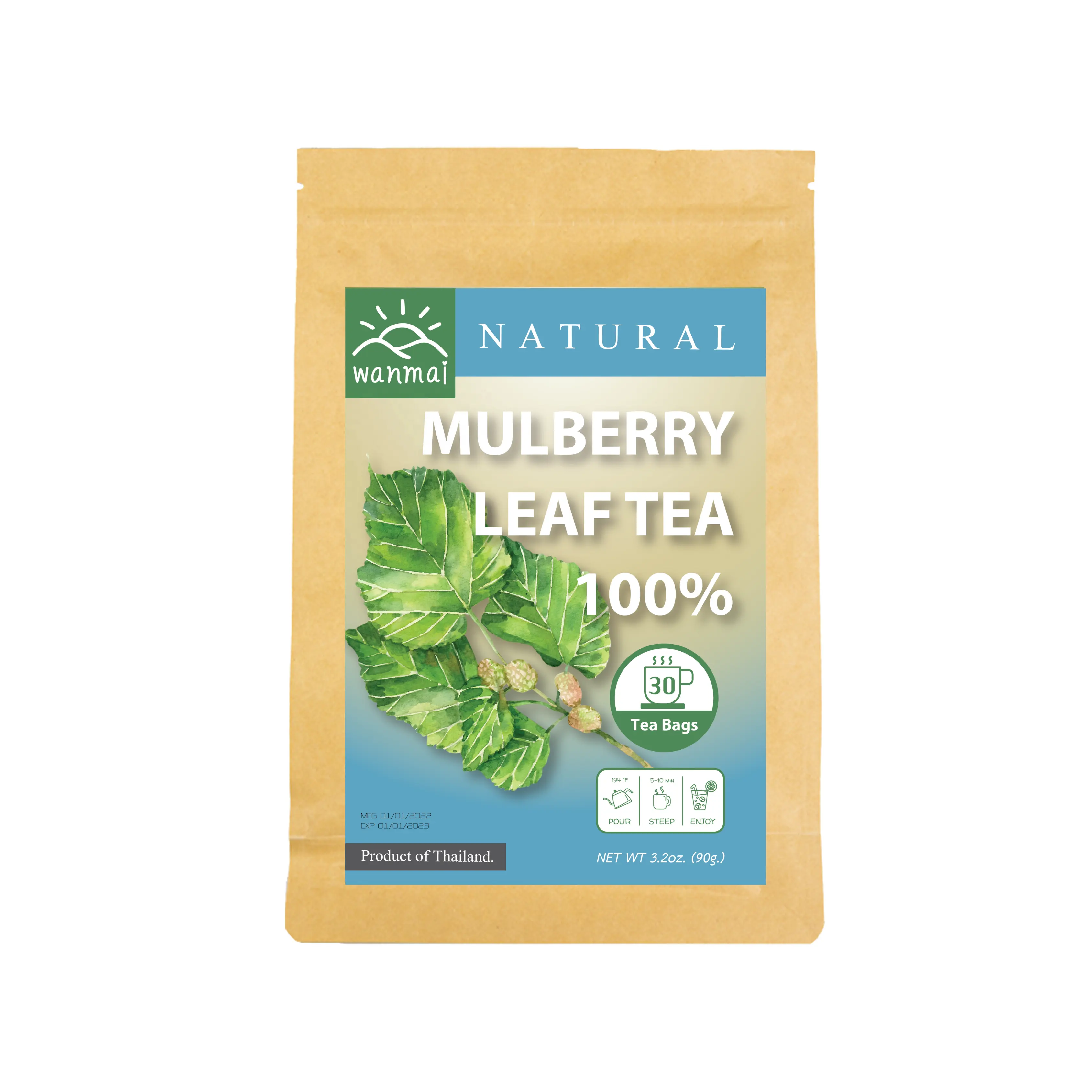 WANMAI29 Le thé en feuilles de mûrier soutient les régimes végétaliens et cétogènes 100% vraies herbes dans un sac à tremper en kraft