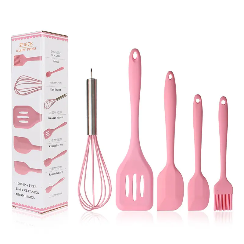 Produits en silicone Accessoires de maison et de cuisine Lot de 5 ustensiles de cuisine en silicone alimentaire résistant à la chaleur Ensemble de spatules de cuisson abordables