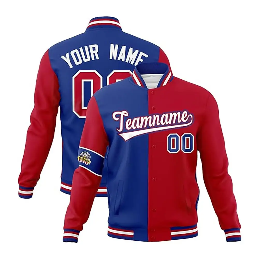 Jaqueta de beisebol personalizada para o time do colégio para adultos e jovens - Casaco Bomber leve personalizado com logotipo de texto costurado em vermelho e azul