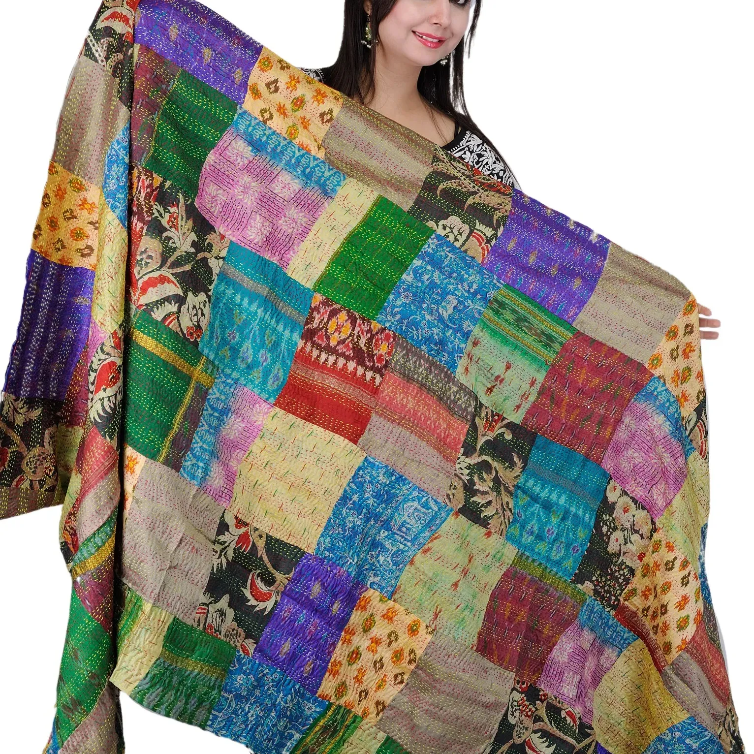 Pañuelos/chales/abrigo de cuello reversible de patchwork kantha Sari de seda vintage indio para mujeres y niñas