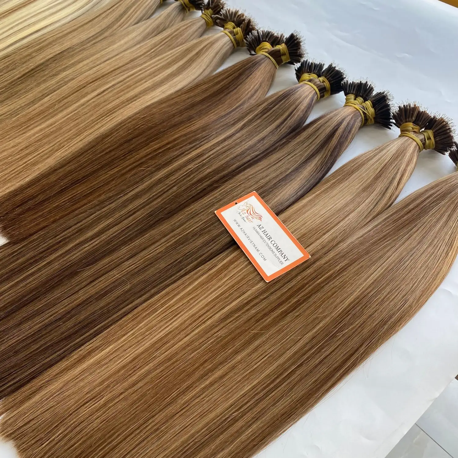 Produk baru diskon besar-besaran ekstensi rambut ujung Nano sorot warna rambut coklat dan pirang Vietnam